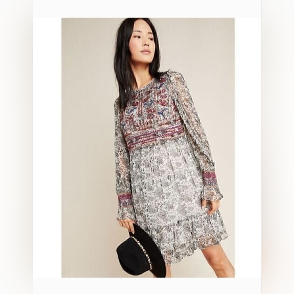 Anthropologie "Gisella" Sheer Beaded Floral Dress, Size 4